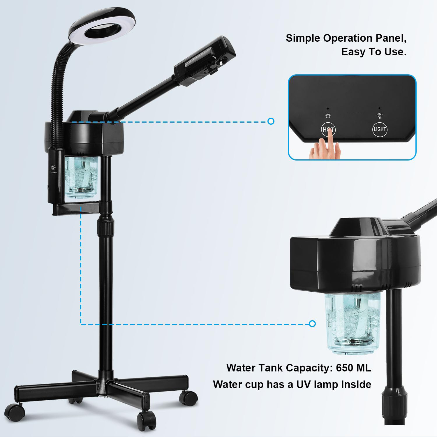 Professional Black 2 in 1 Hot Mist Facial Steamer Machine with 5X Magnifying Lamp Ozone Deep Cleansing for Salon Spa Face Care