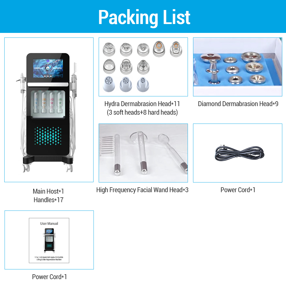 Newest Vertical 17 in 1 Blackhead Removal Hydra Oxygen Co2 Bubble Hydro Dermabrasion Facial Machine Professional