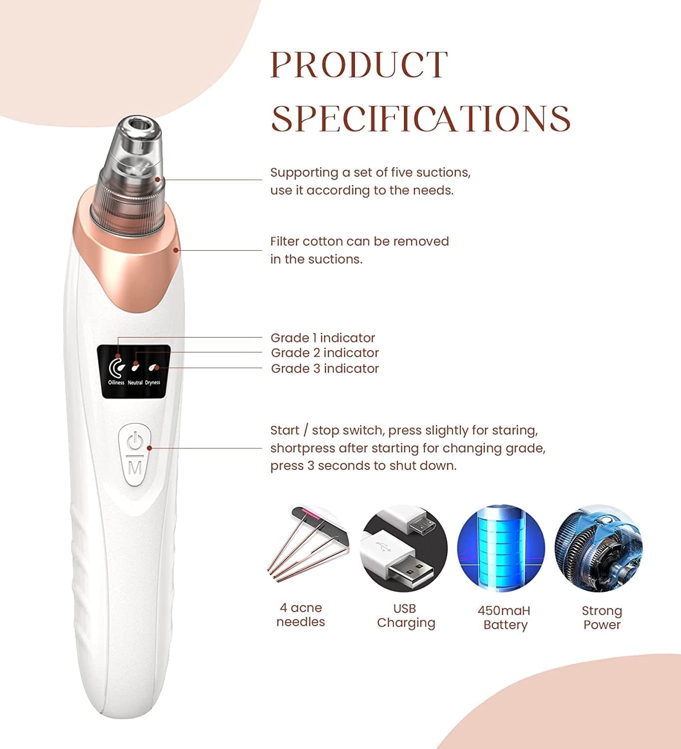 5 in 1 Facial Blackhead Vacuum Device Blackhead Removal Pore Cleaner for Face Suction Acne