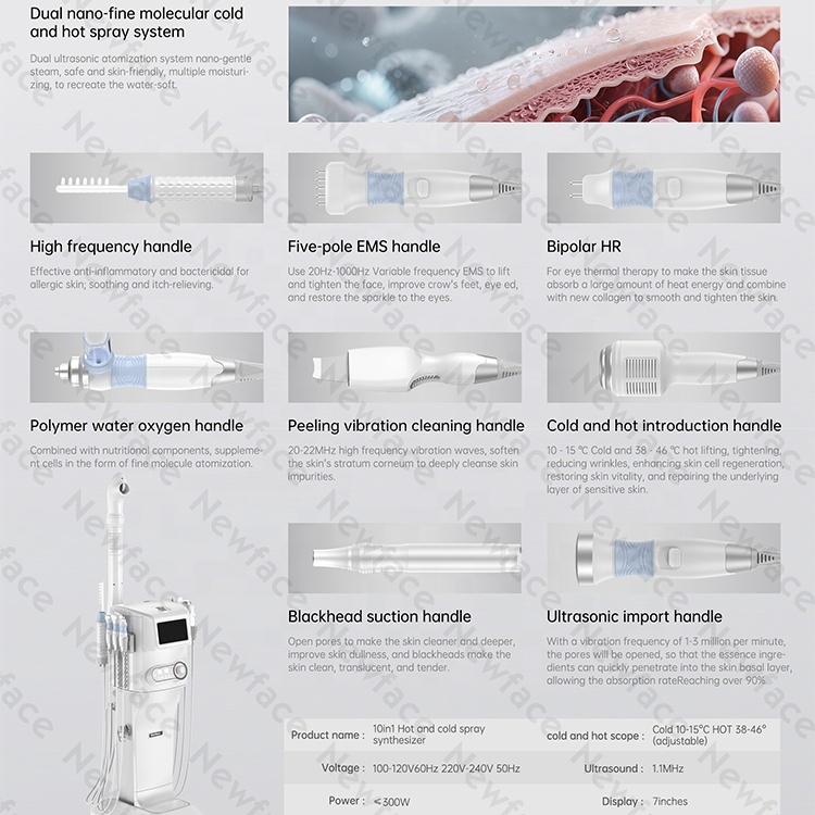 NewFace CE FCC UCKA RoHS Oxygen Infusion Cold and Hot Hammer Cryotherapy 9 in 1 Professional Hydra Oxygen Spray Facial Machine