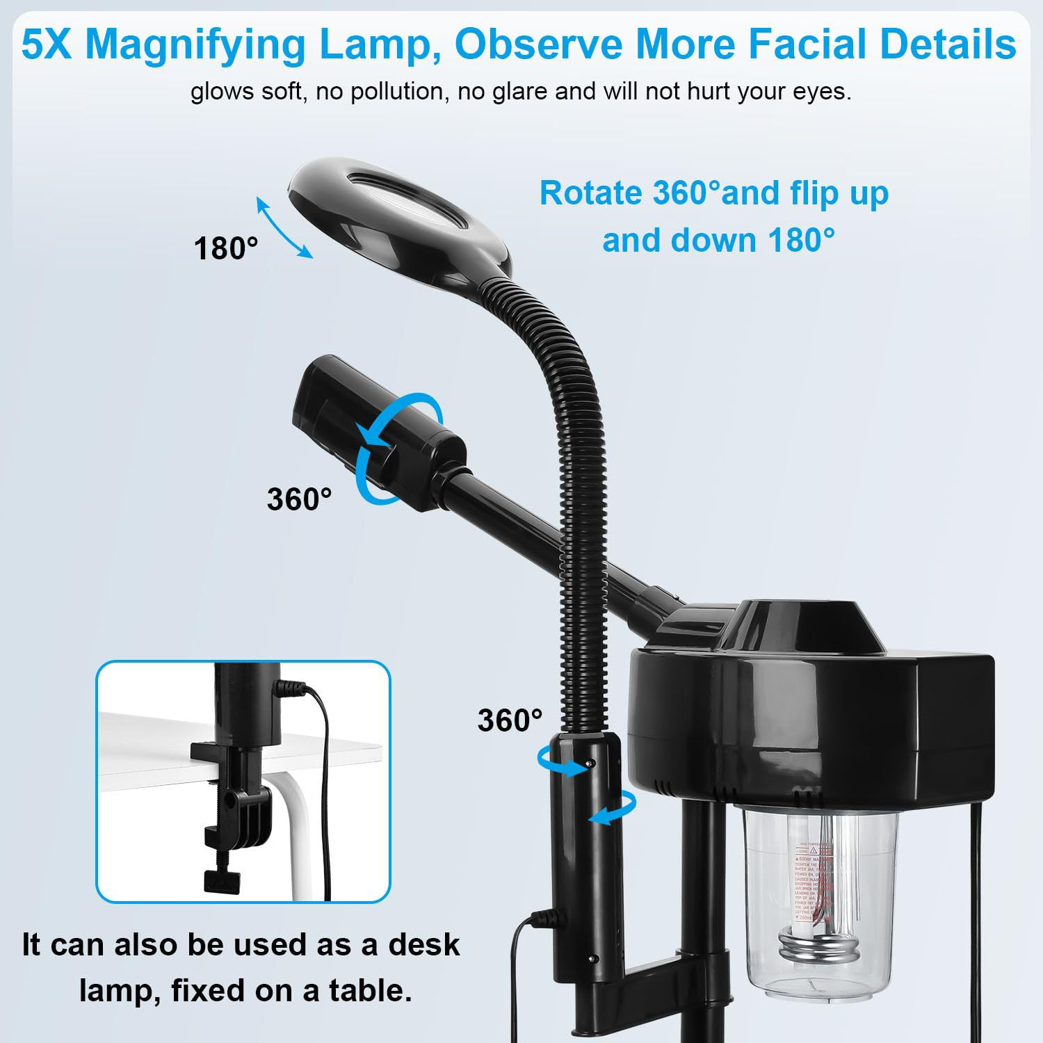 Professional Black 2 in 1 Hot Mist Facial Steamer Machine with 5X Magnifying Lamp Ozone Deep Cleansing for Salon Spa Face Care