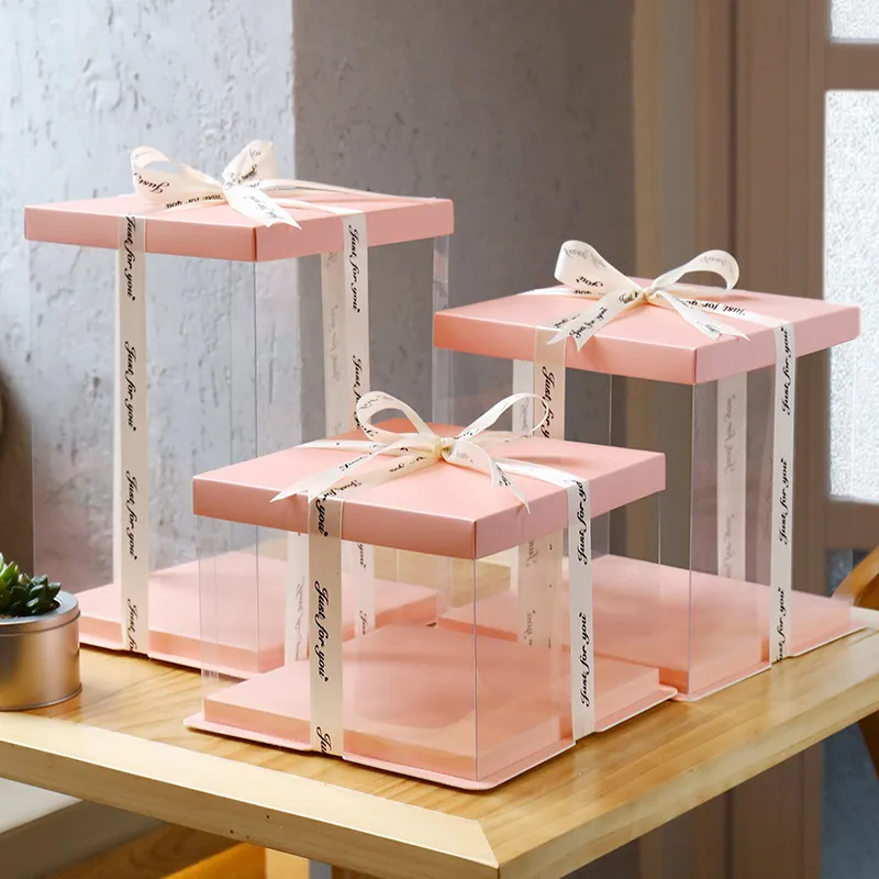 Wholesale Customized Printing Luxury Black Large Capacity Transparent Plastic Cardboard Holiday Birthday Baking Bread Tall Cake Shaped Clear Squar Packaging Box