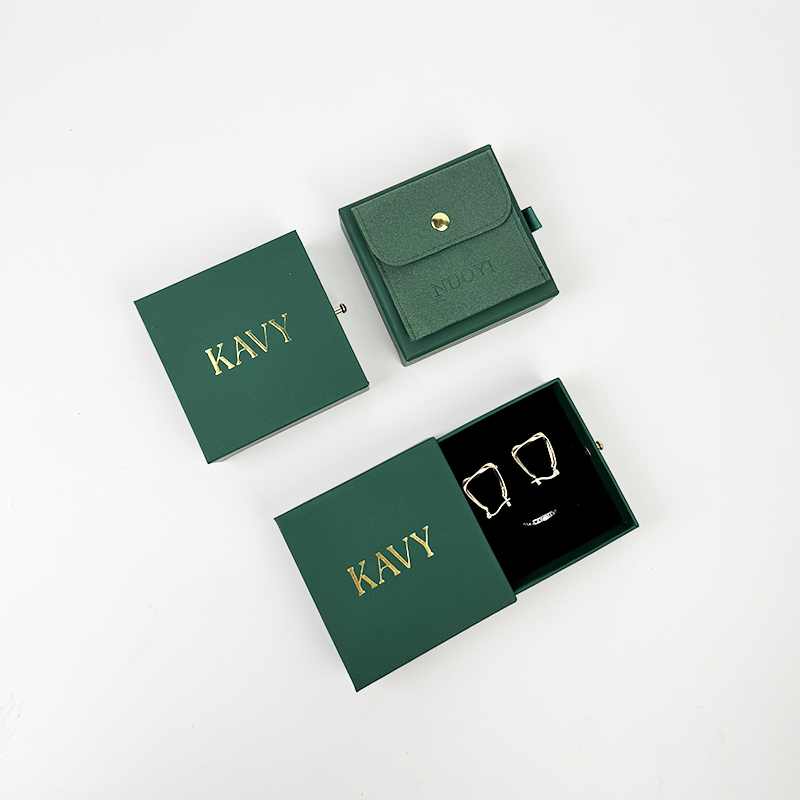 Custom Dark Green Cardboard Paper Sliding Drawer Earring Bracelet Ring Necklace Packaging Jewelry Drawer Box and Bag