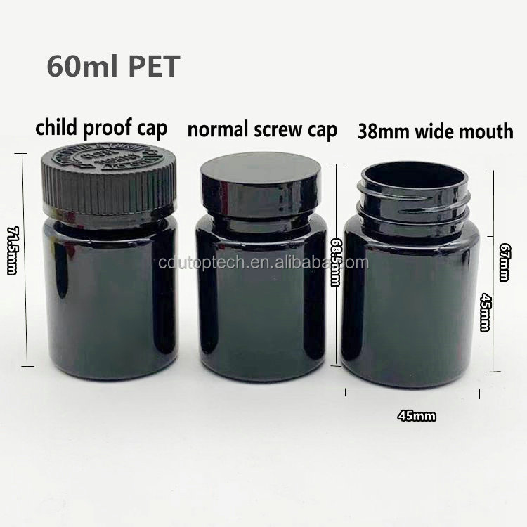 60ml 60cc PET Black White Medicine Pill Bottle with CRC Child Resistant Cap for Vitamin Capsule Supplement Medical Packaging