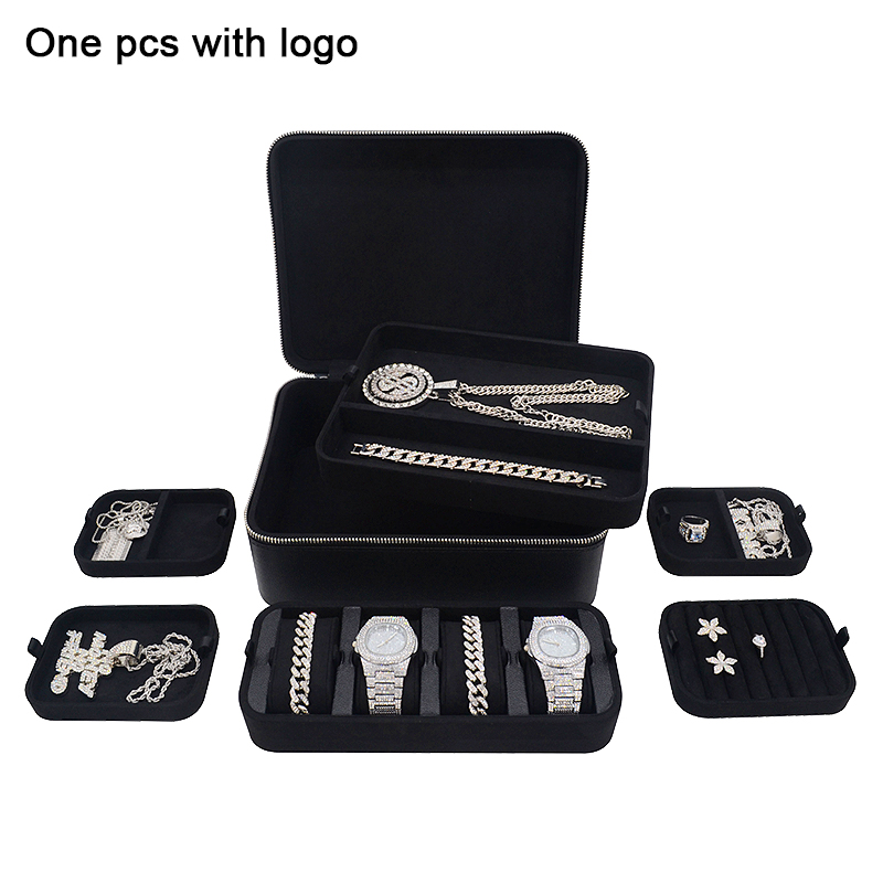 Wholesale Black Portable Travel Icebox Case Organizer Watch Eyeglasses Ring Necklace Leather Luxury Jewelry Box