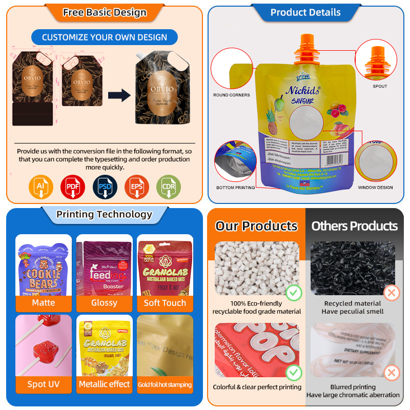 Custom Shaped Recyclable Stand up Pouch Bags with Spout for Juice Soda Beverage Packaging Gravure Printing