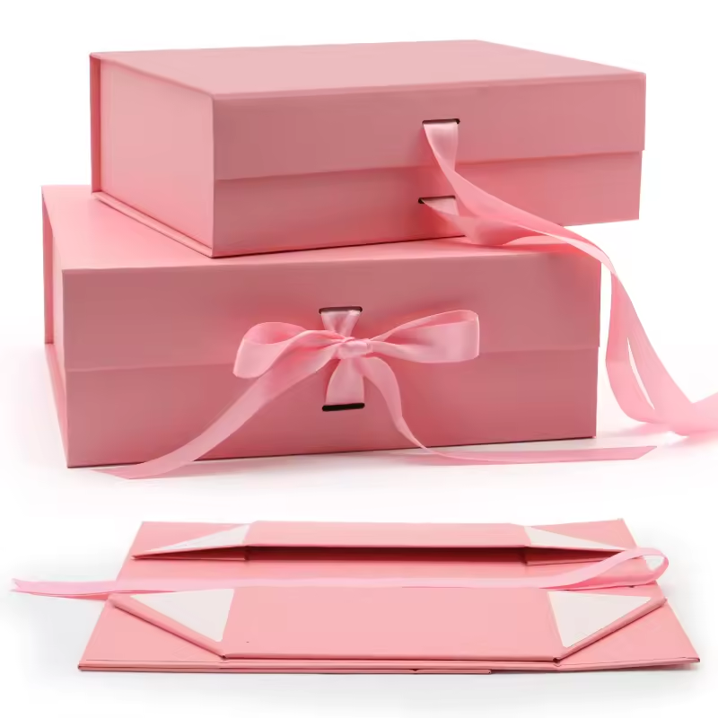 Quality Custom Logo Size Ribbon Folding Box Pink and Black Gift Paper Boxes Rectangle Shape Magnetic Packaging