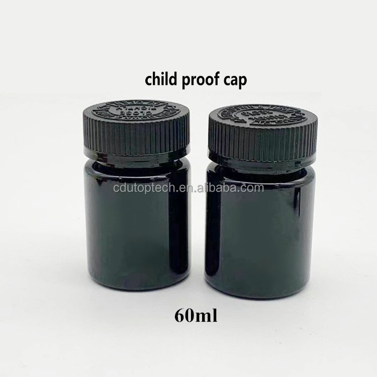 60ml 60cc PET Black White Medicine Pill Bottle with CRC Child Resistant Cap for Vitamin Capsule Supplement Medical Packaging