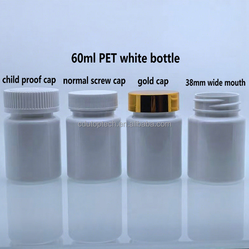 60ml 60cc PET Black White Medicine Pill Bottle with CRC Child Resistant Cap for Vitamin Capsule Supplement Medical Packaging