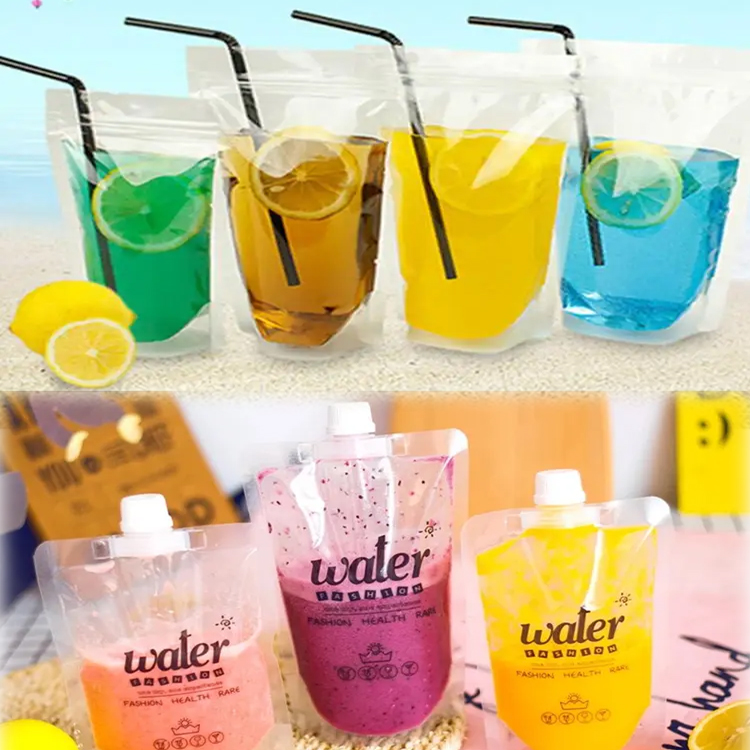 Custom Biodegradable Food Grade Liquid Beverage Packaging Disposable Plastic Juice Drinking Spout Pouches Bags with Straw Hole