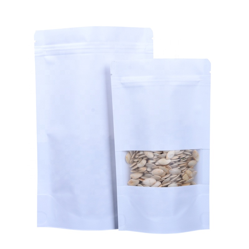 Biodegradable Food Packaging Plastic White Paper Zipper Stand up Bag With Window Food Storage Pouch
