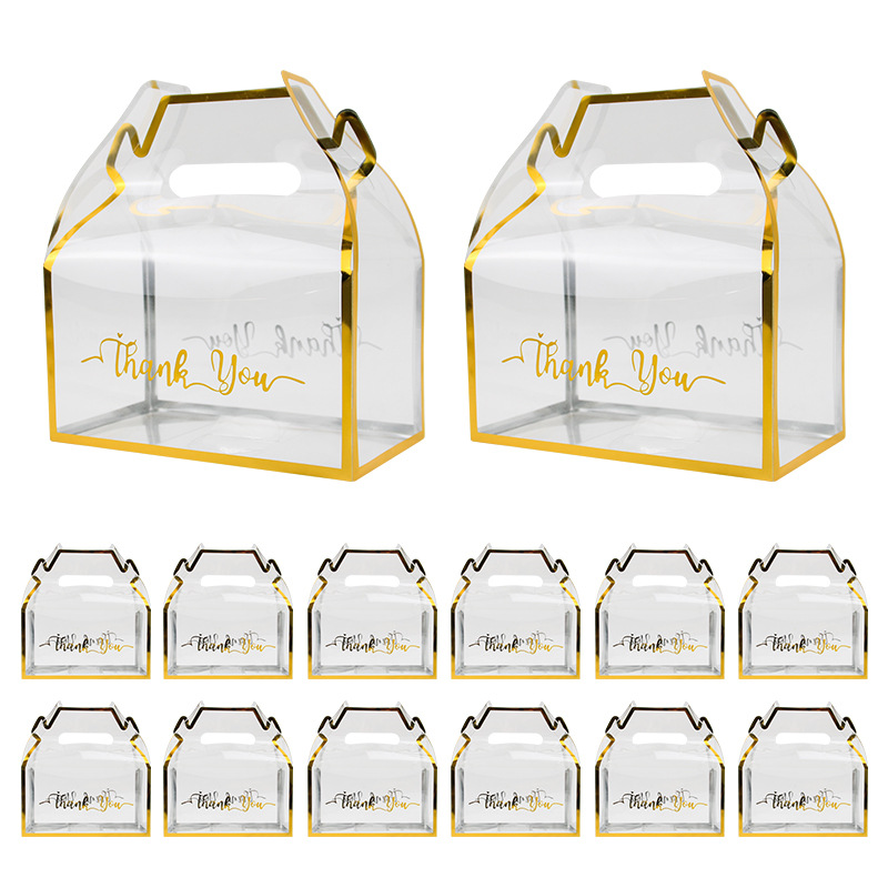 CSMD Chinese Manufacturers PVC Materials Gold Strap Line Wholesale Empty Food Packaging Transparent Plastic Gift Box with Handle