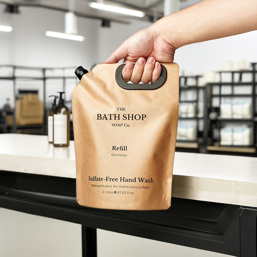 Eco-Friendly Stand-Up Kraft Paper Spout Pouch for Liquid Food Packaging Such As Shampoo Bags Juice Milk Wine Refills PE Plastic