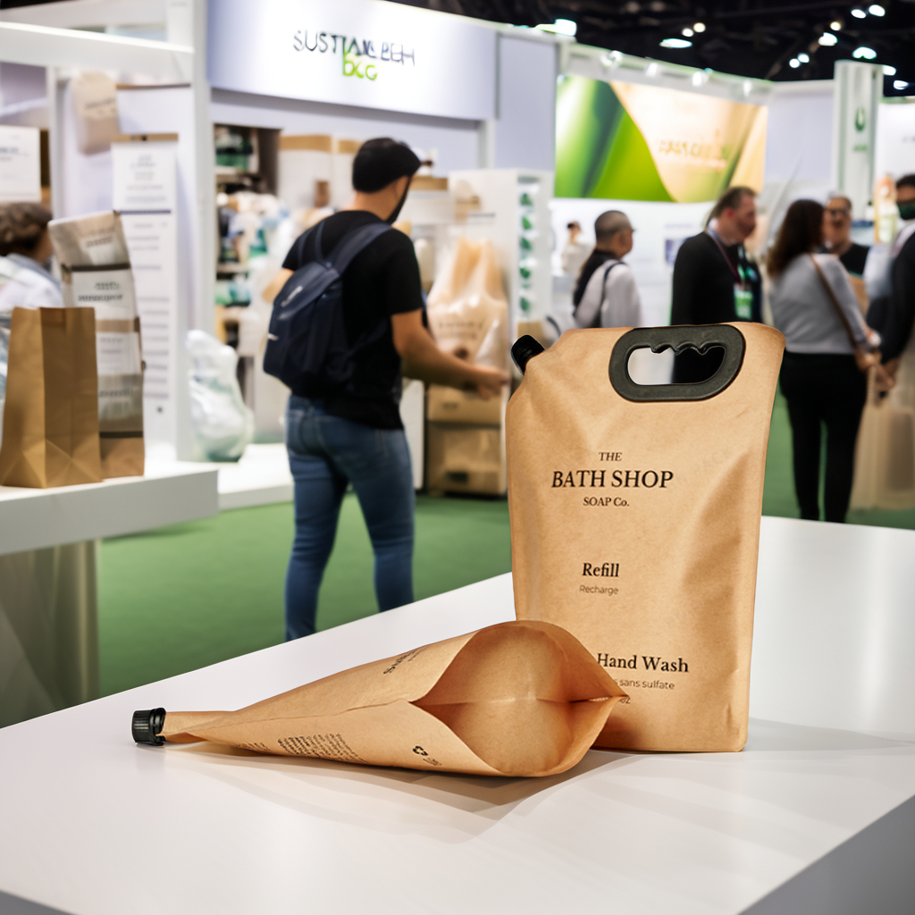 Eco-Friendly Stand-Up Kraft Paper Spout Pouch for Liquid Food Packaging Such As Shampoo Bags Juice Milk Wine Refills PE Plastic