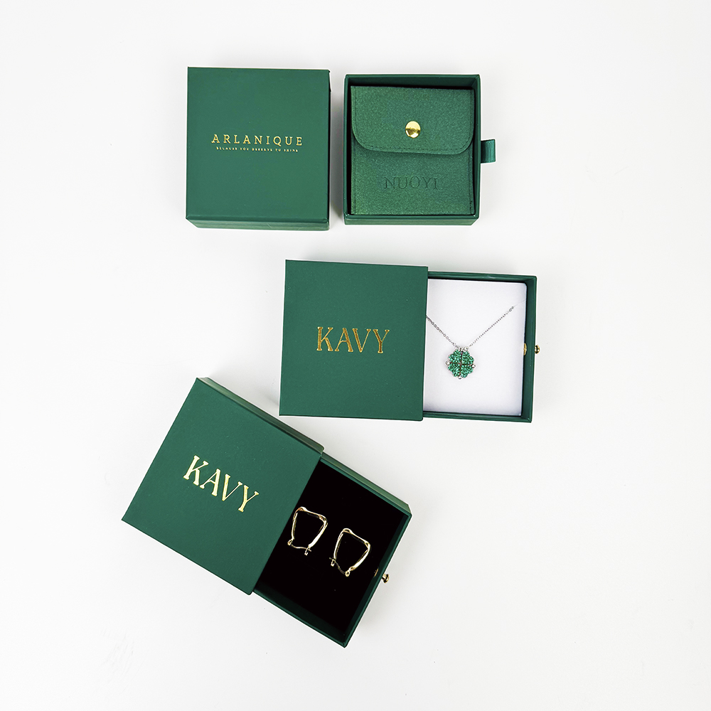Custom Dark Green Cardboard Paper Sliding Drawer Earring Bracelet Ring Necklace Packaging Jewelry Drawer Box and Bag