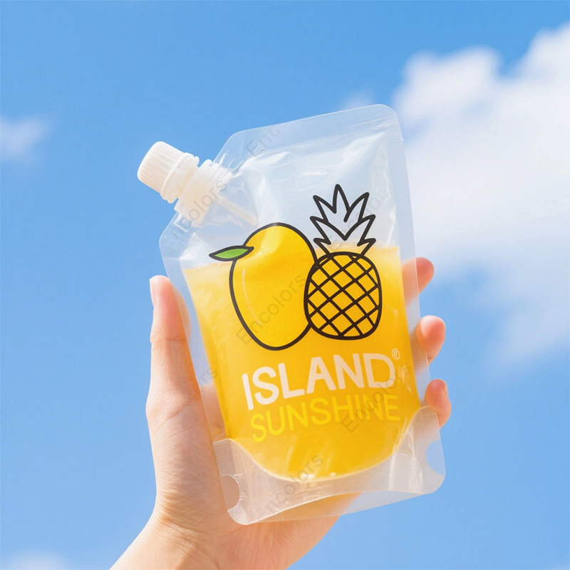 Custom Printed Plastic Refill Liquid Spout Bags Fruit Juice Alcoholic Liquids Reusable Food Stand Corner Mineral Water