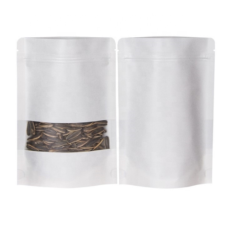 Biodegradable Food Packaging Plastic White Paper Zipper Stand up Bag With Window Food Storage Pouch