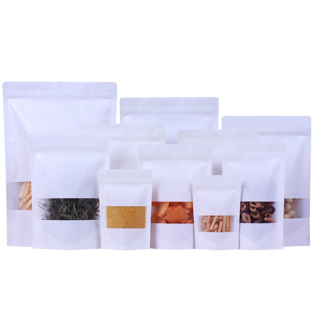 Biodegradable Food Packaging Plastic White Paper Zipper Stand up Bag With Window Food Storage Pouch