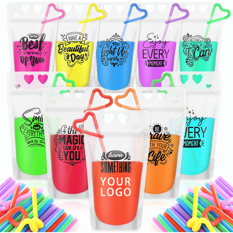 Custom Biodegradable Food Grade Liquid Beverage Packaging Disposable Plastic Juice Drinking Spout Pouches Bags with Straw Hole