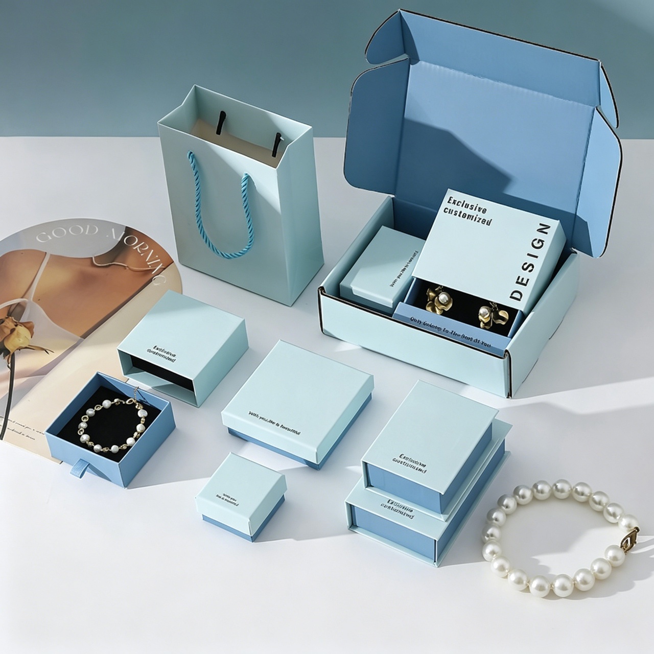 Wholesale Blue Texture Square Jewelry Storage Packaging Set Box with Sponge for Rings Earrings Bracelets Necklaces