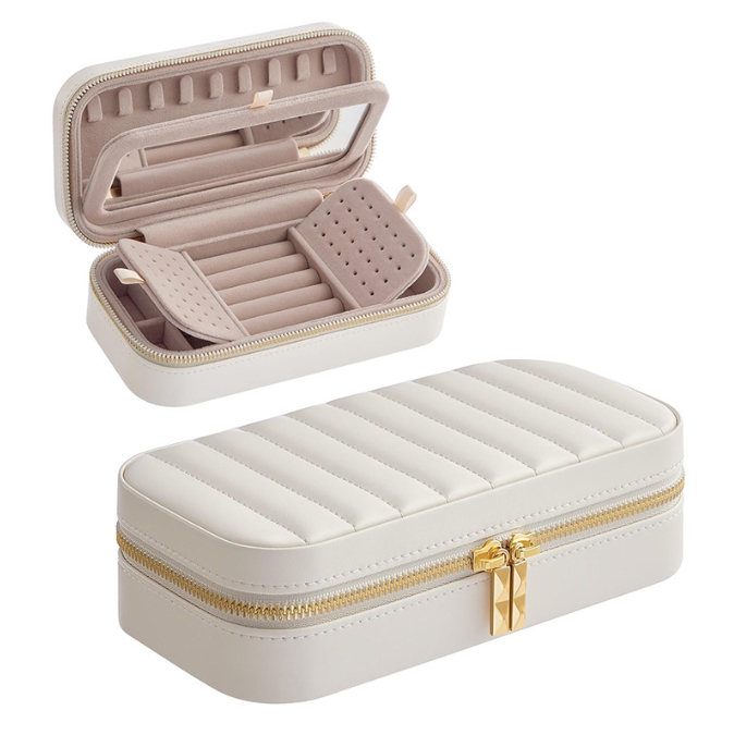 Fast Ship Portable Personalized White PU Leather Jewelry Travel Storage Case Custom Jewelry Organizer Box for Women