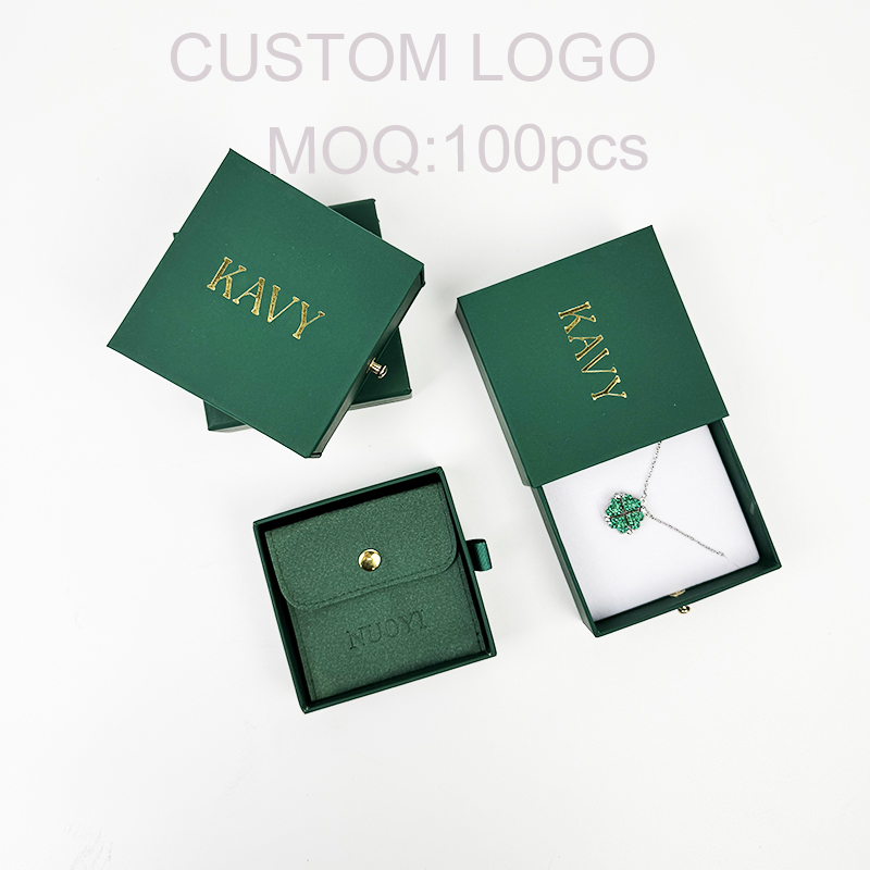 Custom Dark Green Cardboard Paper Sliding Drawer Earring Bracelet Ring Necklace Packaging Jewelry Drawer Box and Bag