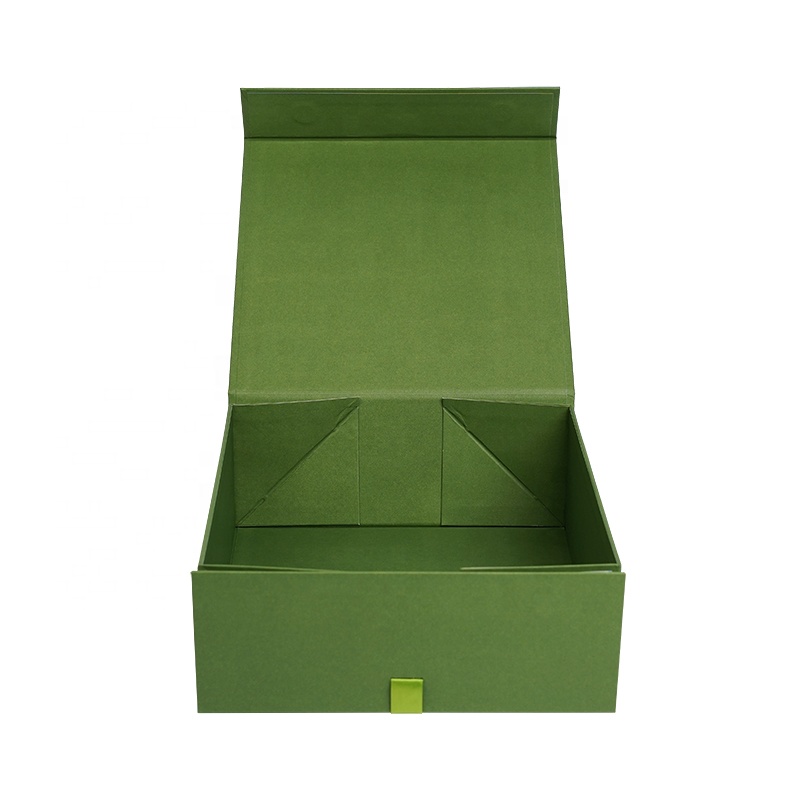 Luxury Green Flap Lid Packaging Rigid Cardboard Custom Folding Boxes Magnetic Closure Gift Box With Ribbon