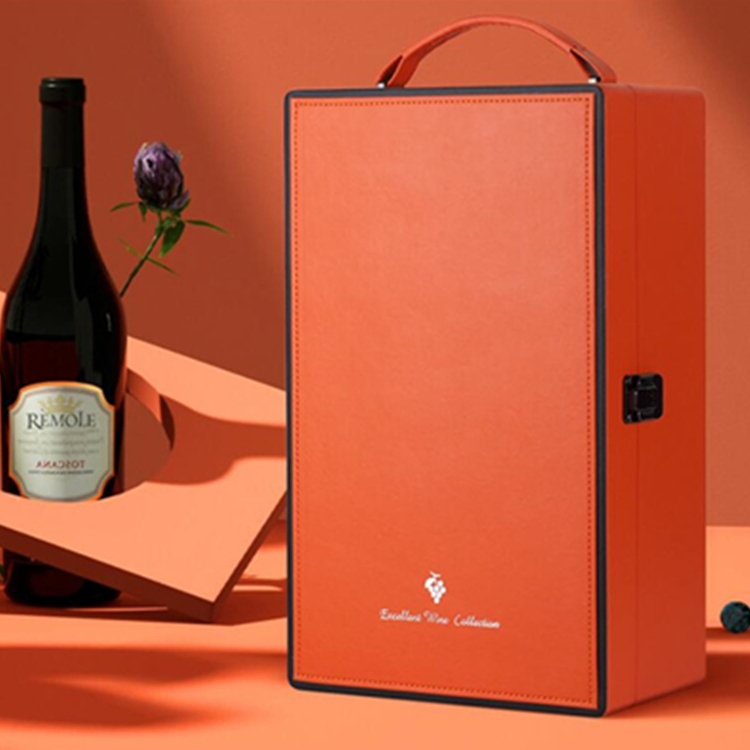 Wholesale Custom Logo Orange Claret PU Leather 2 Bottles Red Wine Gift Box Packaging