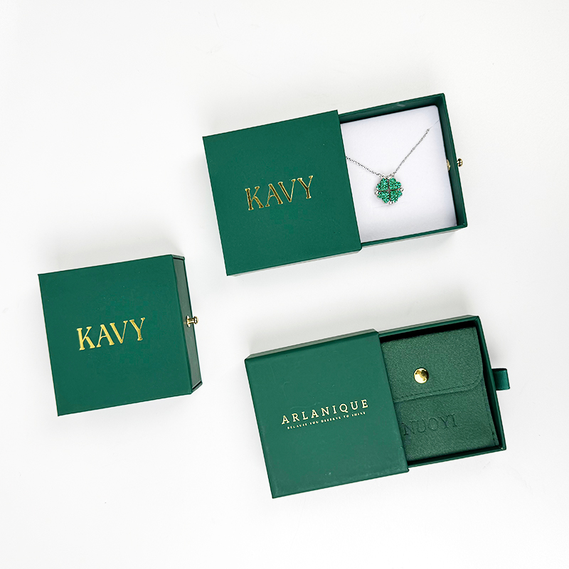 Custom Dark Green Cardboard Paper Sliding Drawer Earring Bracelet Ring Necklace Packaging Jewelry Drawer Box and Bag