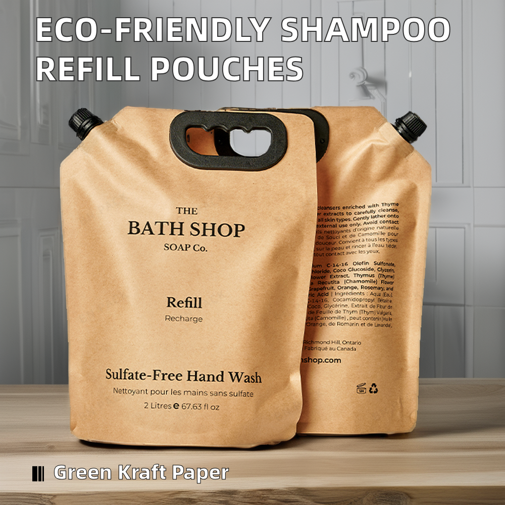 Eco-Friendly Stand-Up Kraft Paper Spout Pouch for Liquid Food Packaging Such As Shampoo Bags Juice Milk Wine Refills PE Plastic