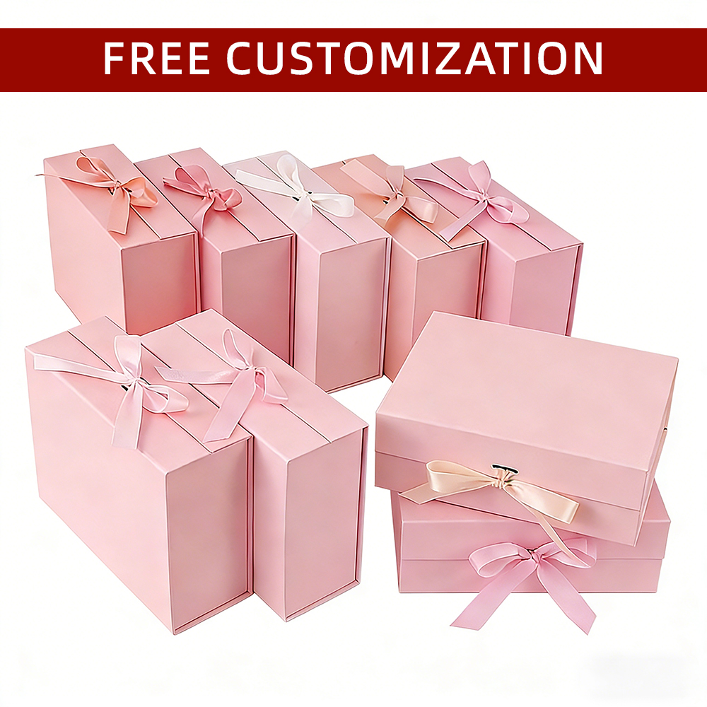 Custom Magnetic Closure Embossing Presentation Box Flap Ribbon Gift Packaging Pink Paper Large Luxury Gift Box