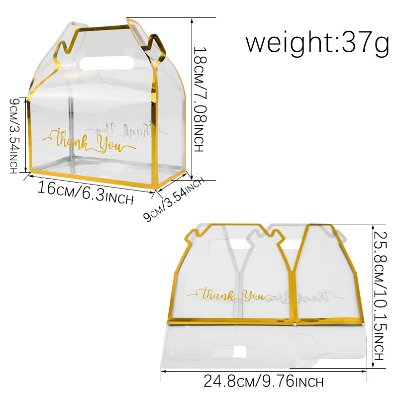 CSMD Chinese Manufacturers PVC Materials Gold Strap Line Wholesale Empty Food Packaging Transparent Plastic Gift Box with Handle