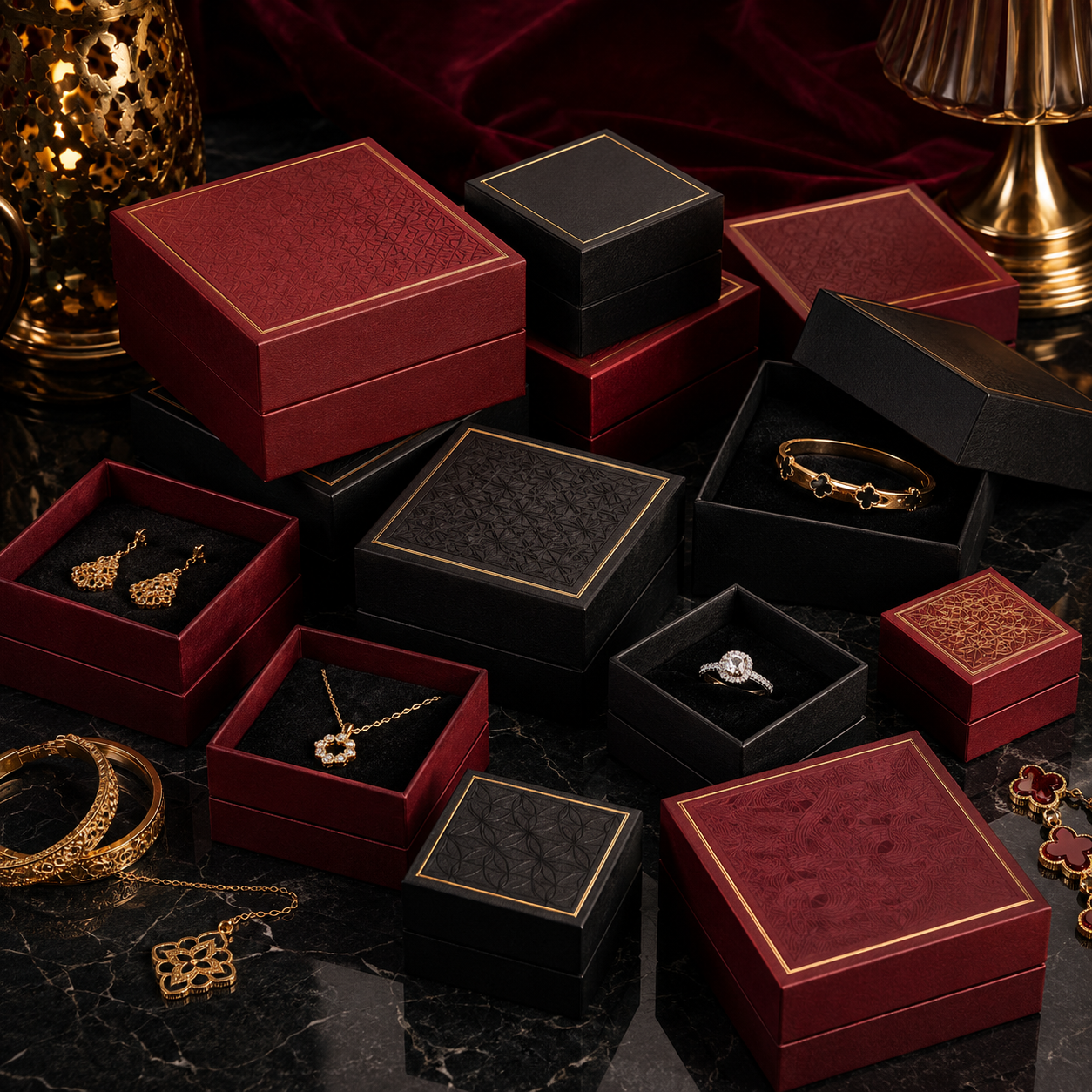 Wholesale Lid and Base Jewelry Box Custom Logo Red Black Gift Jewelry Packaging for Gold Set Dubai Saudi Arabia Wedding Eid