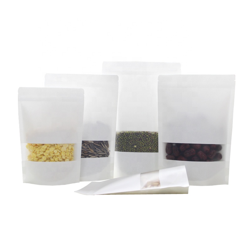 Biodegradable Food Packaging Plastic White Paper Zipper Stand up Bag With Window Food Storage Pouch
