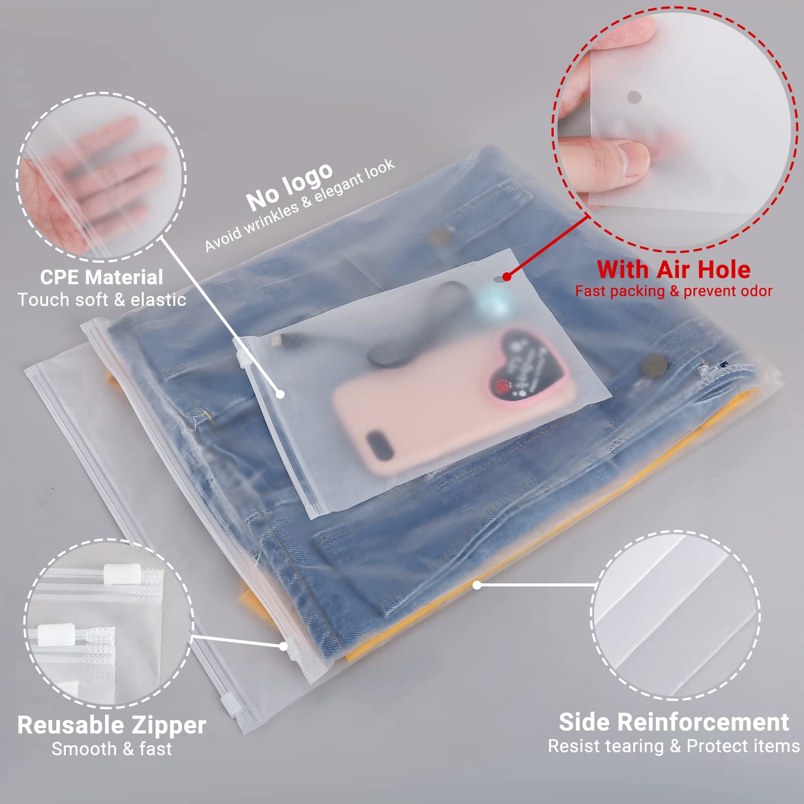 Free Sample Custom White Matte Frosted Zip Seal Ziplock Plastic Packaging Bags for Clothes Storage Space Saver Plastic Bag