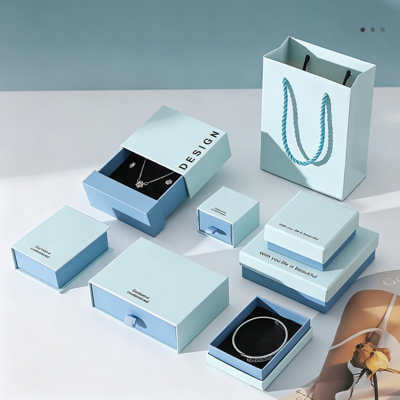 Wholesale Blue Texture Square Jewelry Storage Packaging Set Box with Sponge for Rings Earrings Bracelets Necklaces