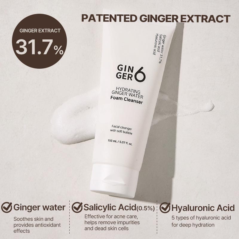 GINGER6 Vegan Korean Daily Detox Hyaluronic Acid Glycerin Weekly Alkaline Bubble Hydrating Ginger Water Foam Cleanser for All