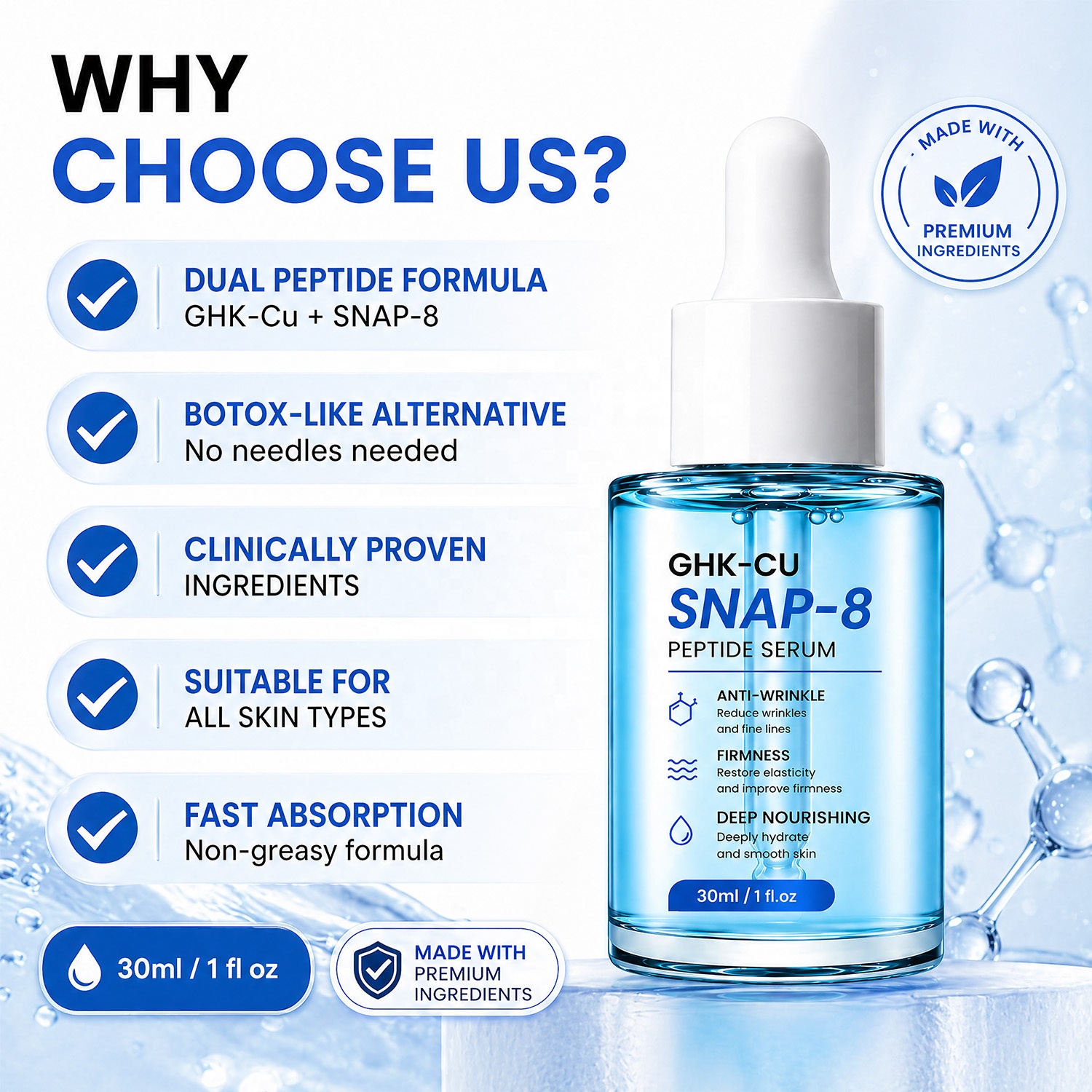 Manufacturer OEM Korean GHK-Cu SNAP-8 Peptide Serum Anti Aging Firming Repairing Vitamin C Glow Face Serum