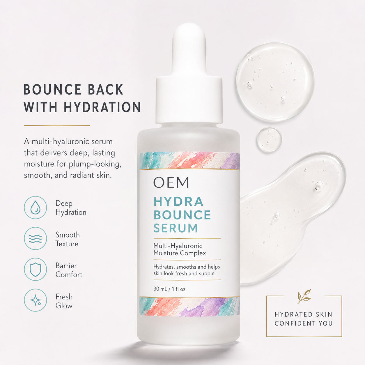 OEM ODM Private Label Hyaluronic Acid Serum Hydra Bounce Face Serum Polyglutamic Acid Panthenol Ceramide Deep Hydration 30ml