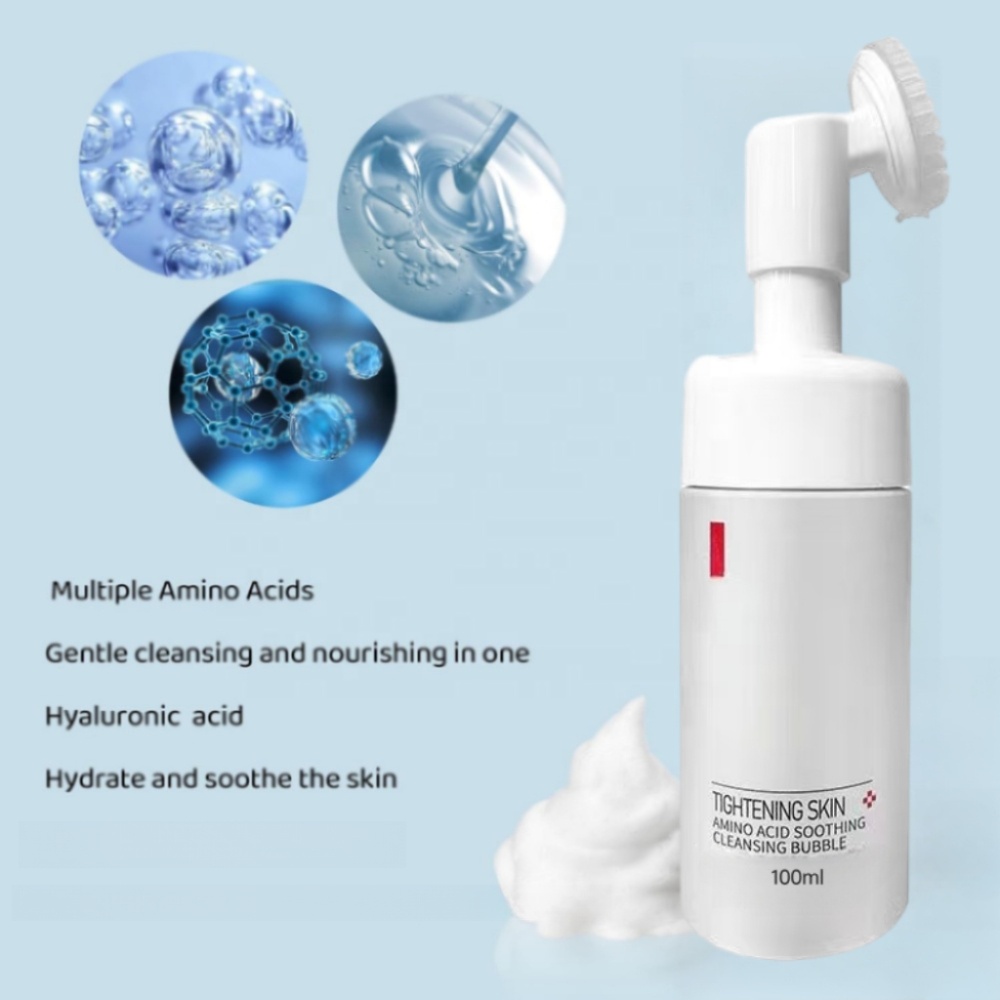 100ml Amino Acid Anti-Wrinkle Pore Shrinking Hydrating Foaming Cleansing Mousse Facial Cleanser for Makeup Removal Massage Brush