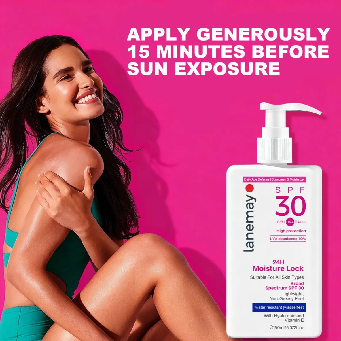 SPF 30 24 Hours Daily Facial Moisturizer Cream Lotion for Skin Types Lightwight Non-Greasy Feel Water Resistant Wasserfest with Hyaluronic Andvitamin E