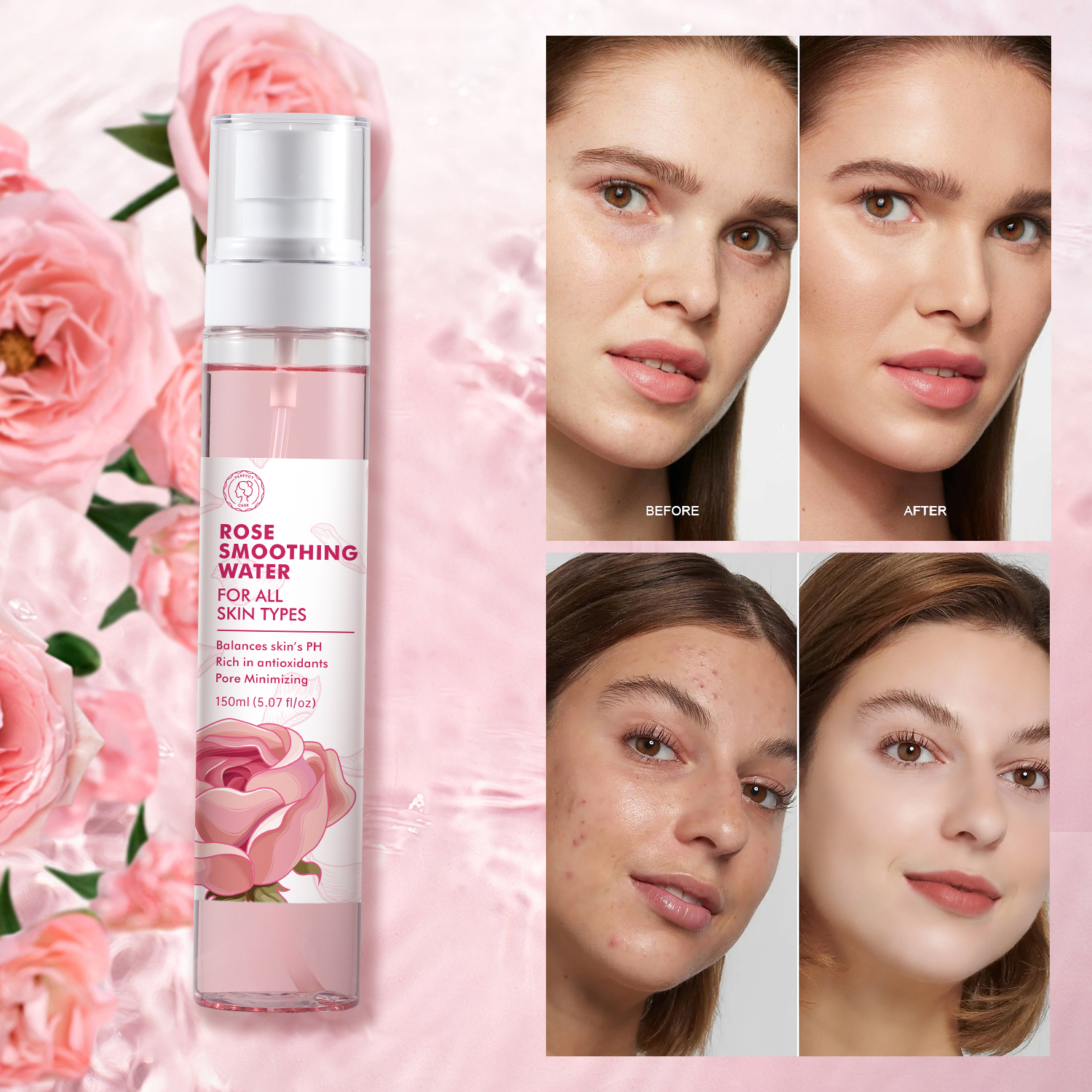 Perfectcare Wholesale Rose Essence Toner Soothing Moisturizing Repairing Skin Pink Bottle Face Toner Spray Adults Women