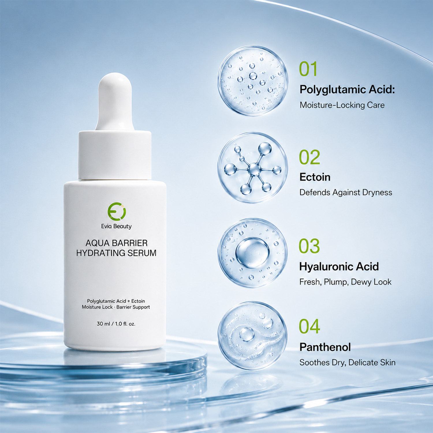 OEM ODM Private Label Polyglutamic Acid Ectoin Hydrating Face Serum HA Moisture Lock Barrier Support Skincare Serum for Dry Skin