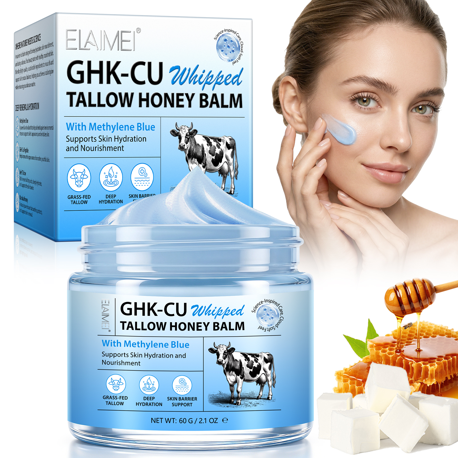 ELAIMEI Wholesale 60g Ghk-cu Blue Moisturizer Cream Copper Peptide Whipped Beef Tallow Balm With Manuka Honey For Face Body