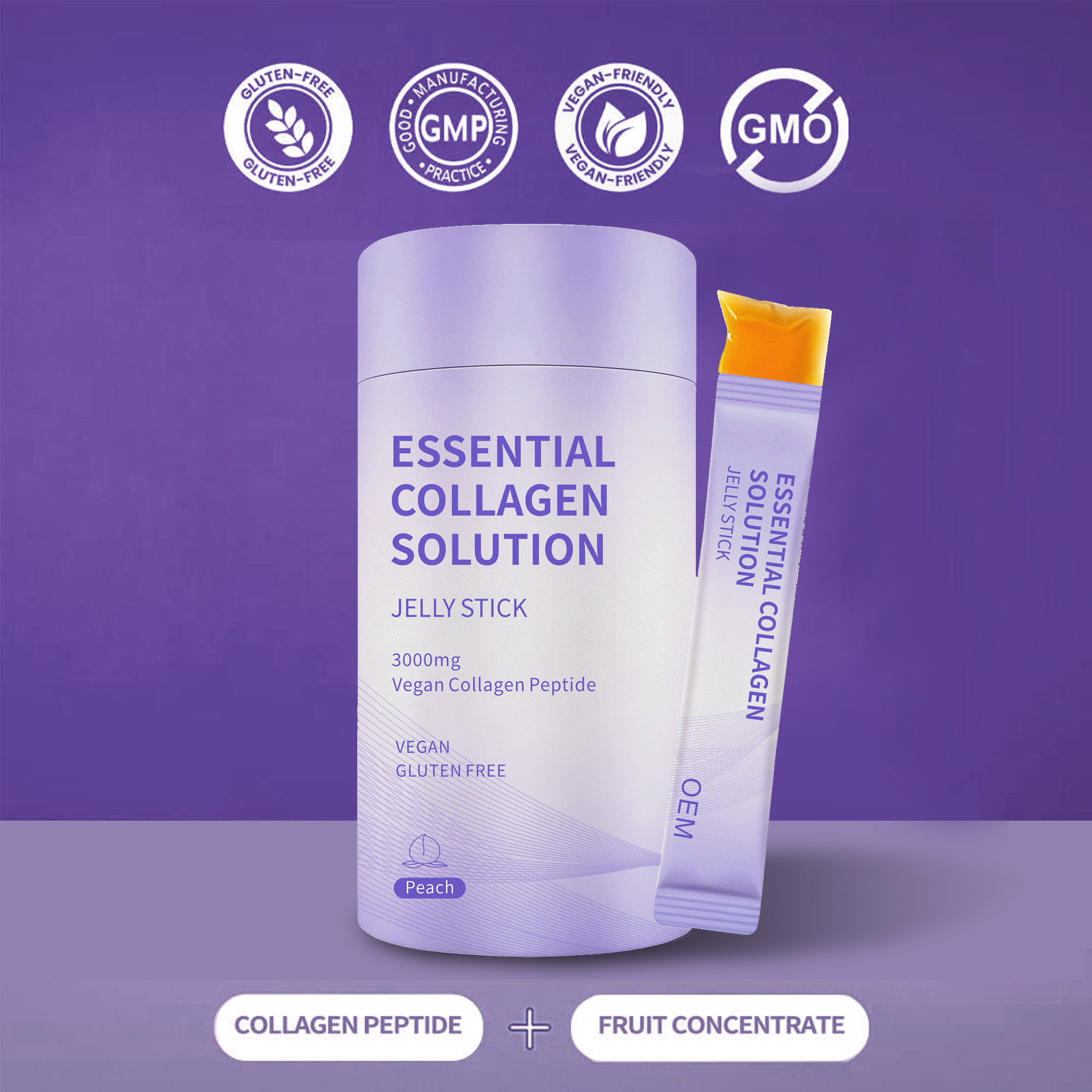 OEM Vegan Collagen Jelly Gel Stick 3000mg - Essential Peach Collagen Peptide for Skin &amp; Joint Support, Gluten Free Private Label