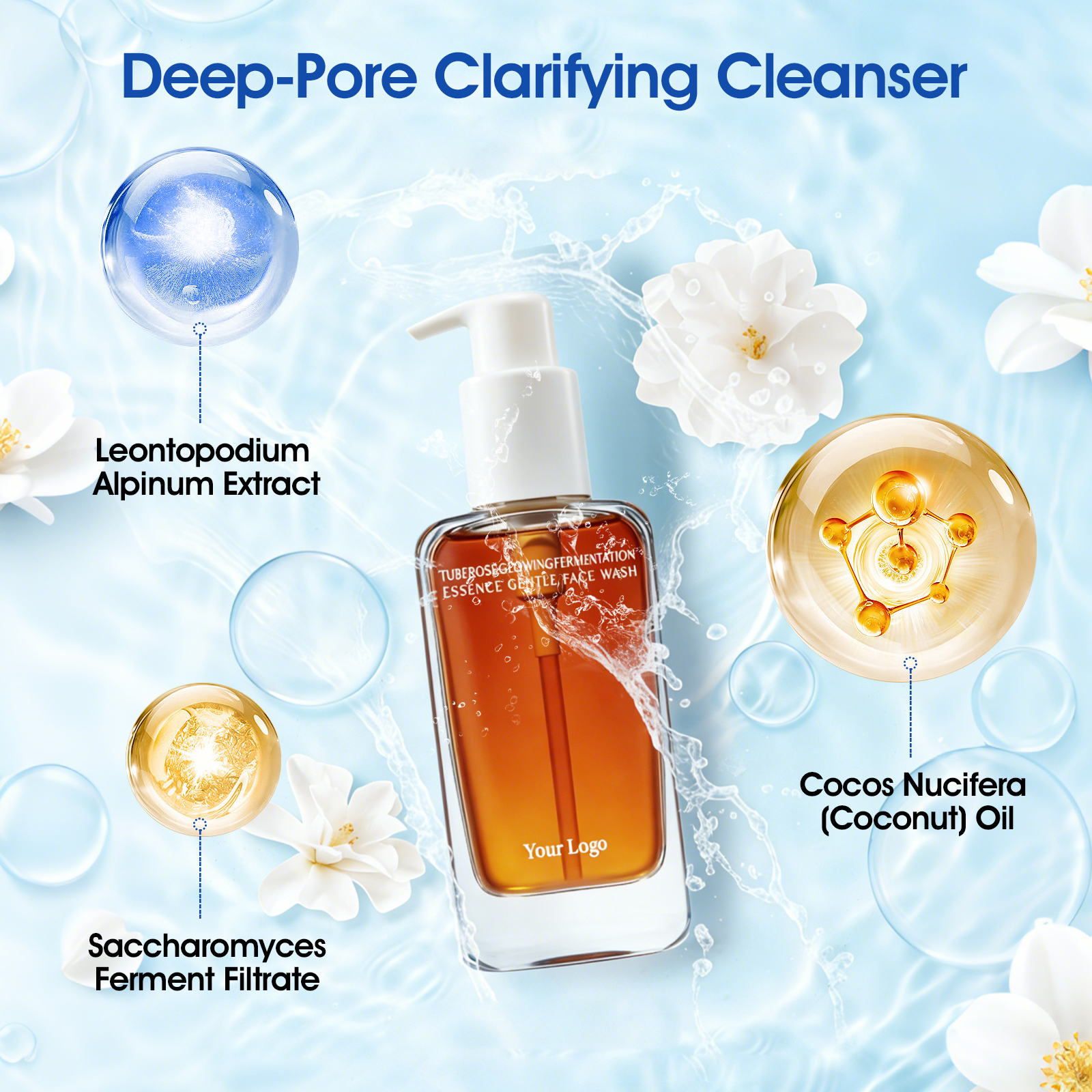 Customized Organic Yeast Deep-Pore Clarifying Cleanser Firming Pore Cleanerwith Coconut Oil &amp; Hyaluronic Acid for All Skin Types