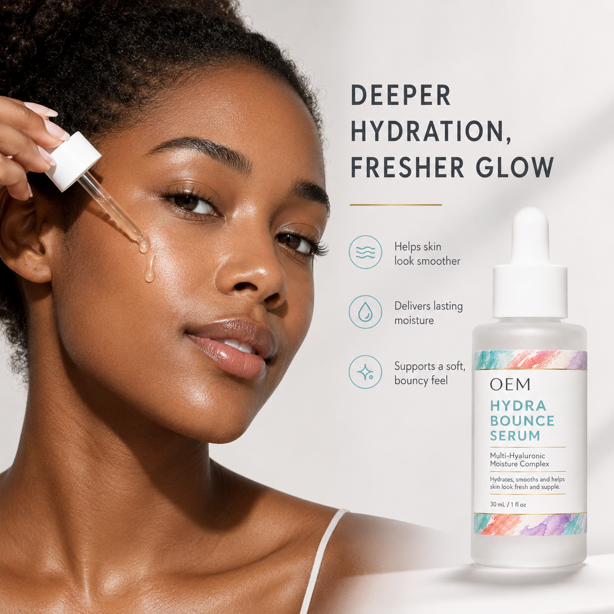 OEM ODM Private Label Hyaluronic Acid Serum Hydra Bounce Face Serum Polyglutamic Acid Panthenol Ceramide Deep Hydration 30ml
