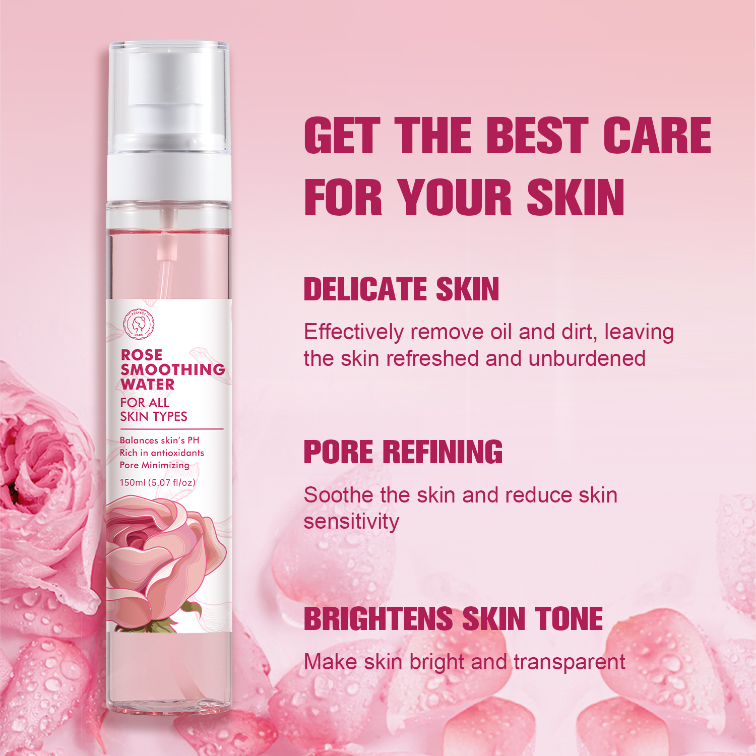 Perfectcare Wholesale Rose Essence Toner Soothing Moisturizing Repairing Skin Pink Bottle Face Toner Spray Adults Women