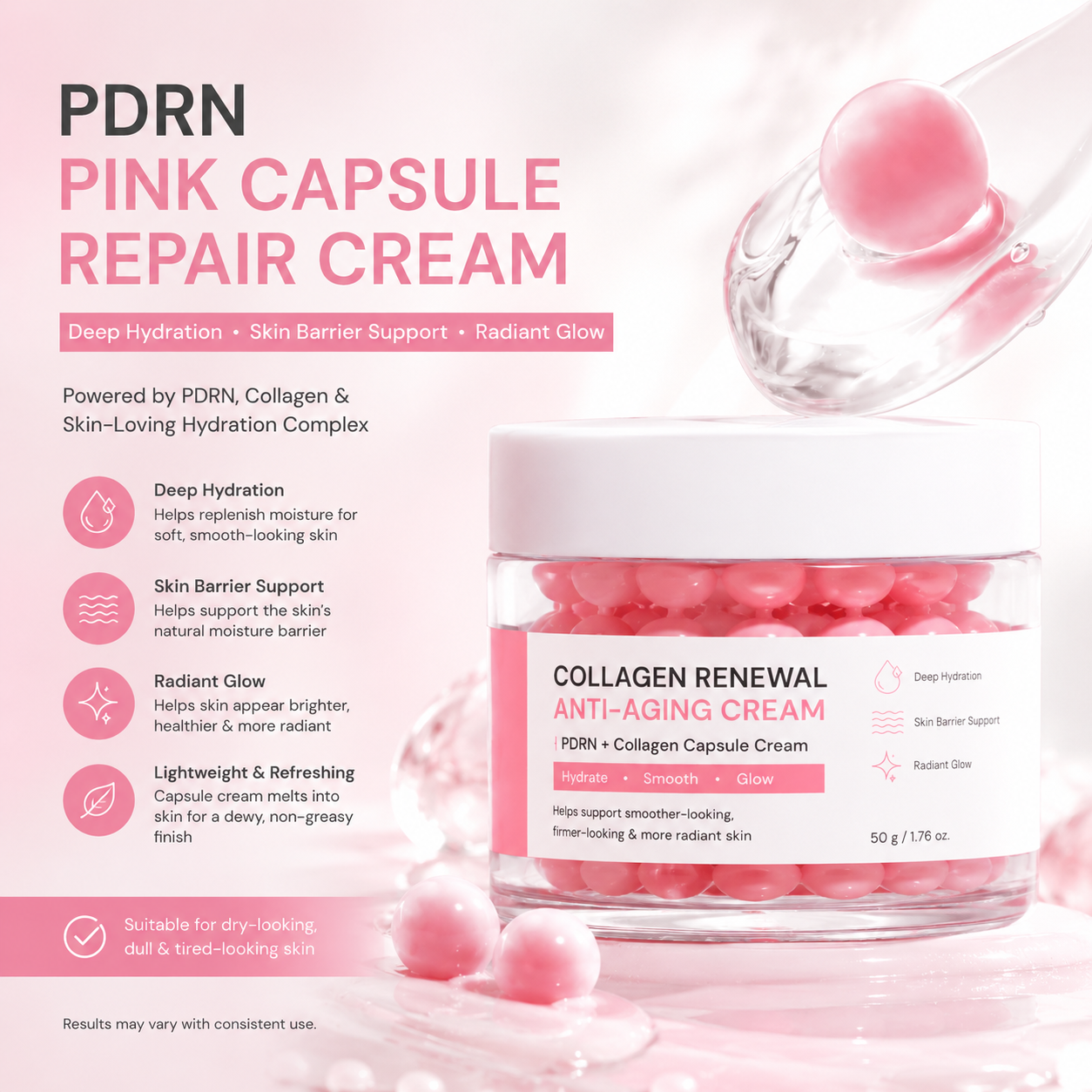 Skin Care Hydrating Whitening Anti-Aging Face Moisturizer PDRN Pink Collagen Capsule Night Jelly Cream