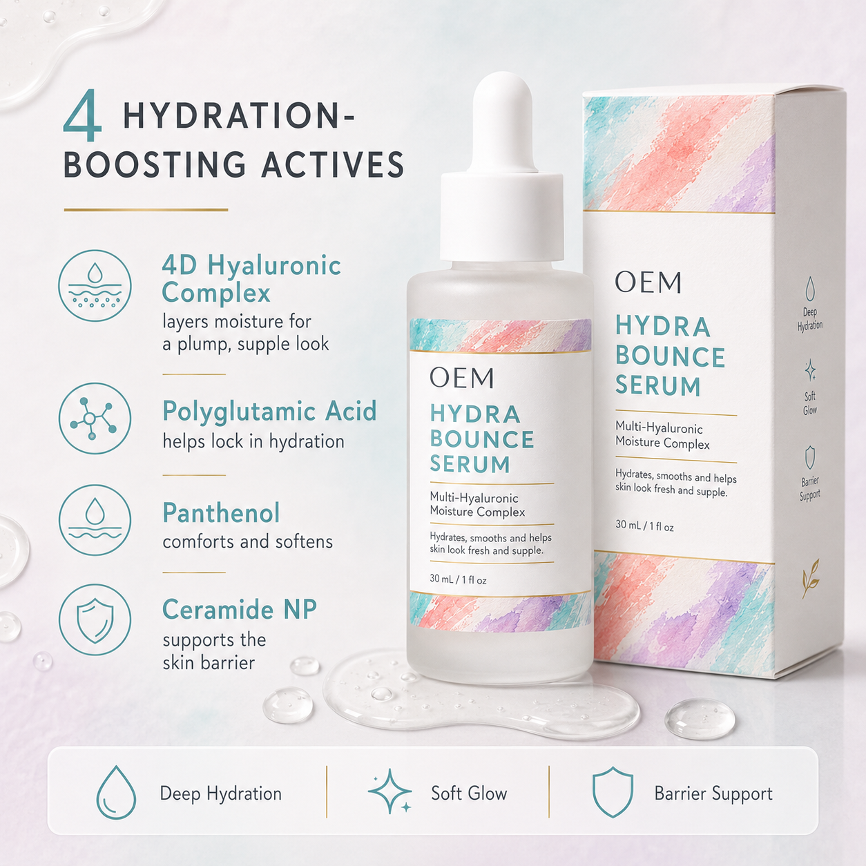 OEM ODM Private Label Hyaluronic Acid Serum Hydra Bounce Face Serum Polyglutamic Acid Panthenol Ceramide Deep Hydration 30ml